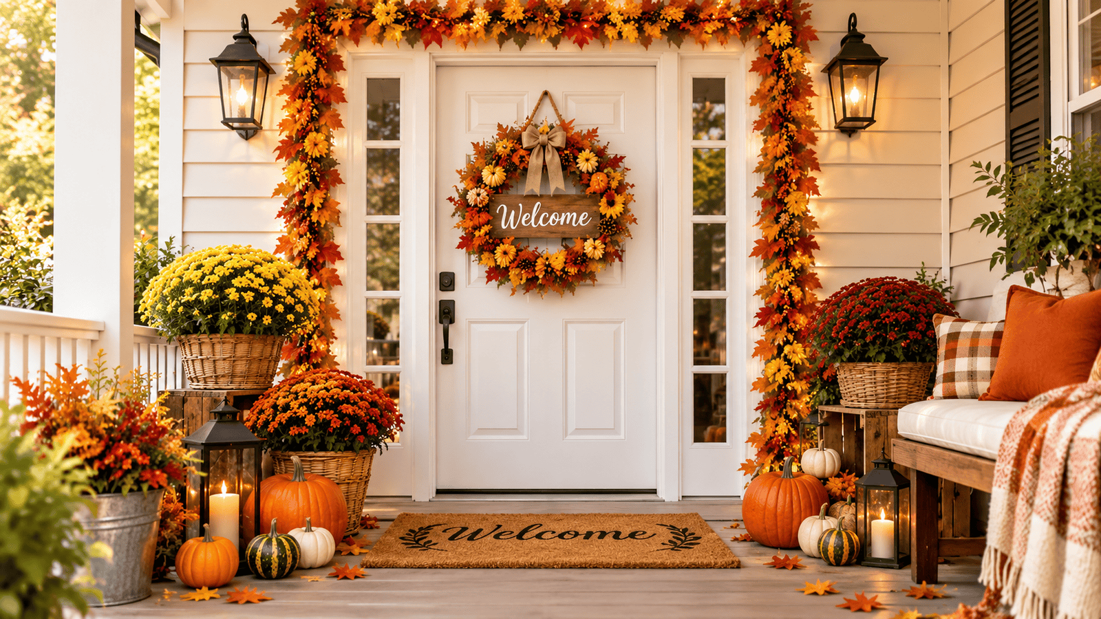 **Alt text:** Fall front porch decorated with pumpkins, autumn wreath, cozy seasonal accents, and warm neutral tones for a welcoming home entrance.