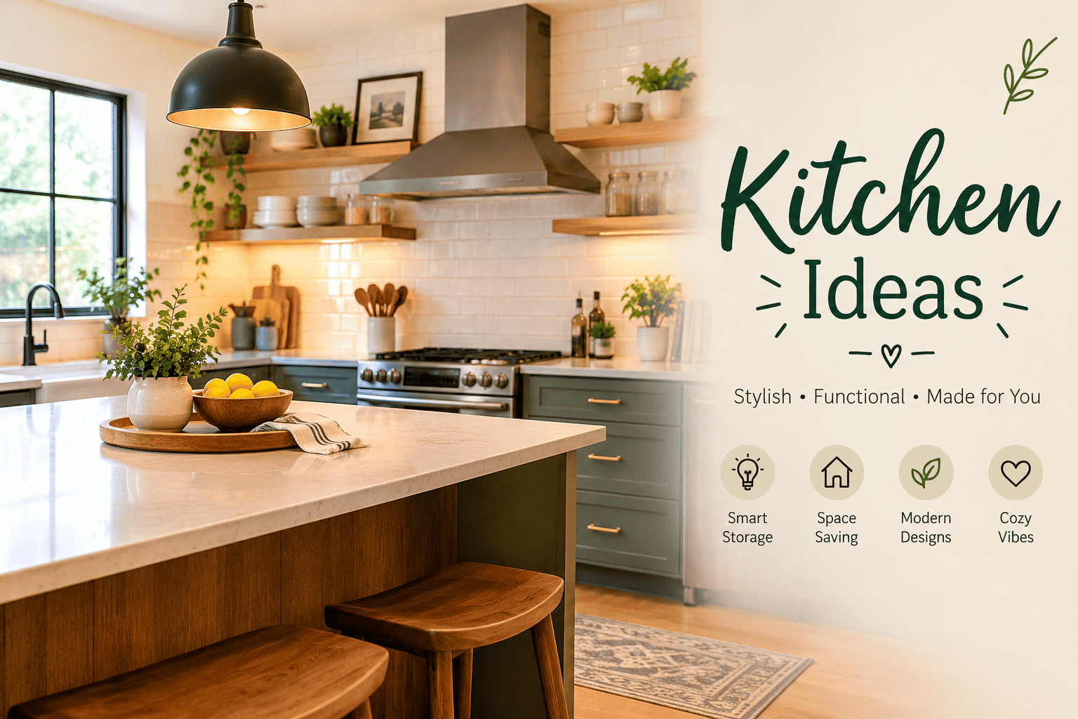 Modern cozy kitchen with green cabinets, wooden open shelves, a central island, plants, and warm natural lighting, featuring a “Kitchen Ideas” title