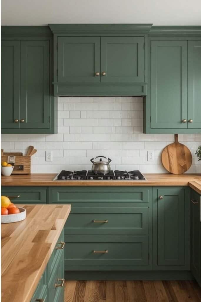 green kitchen cabinets with butcher block countertops