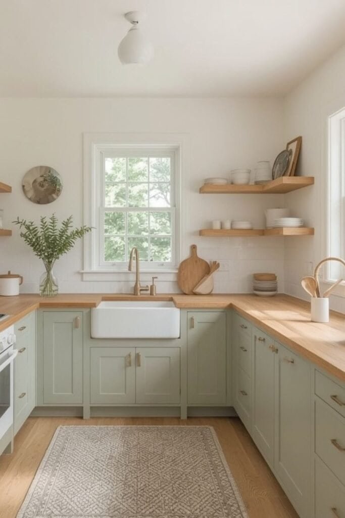 sage green kitchen cabinets with wood countertops