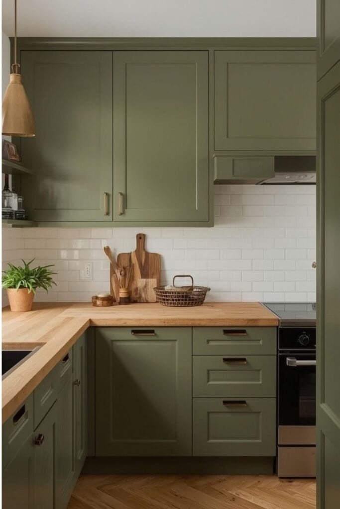  olive green cabinets with butcher block countertops