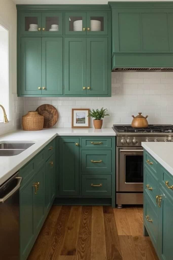 green kitchen cabinets with gold hardware